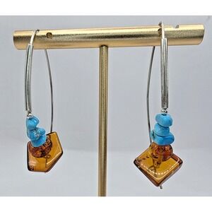Turquoise Nuggets Amber Chips Sterling Silver 925 Earrings Dangle Handmade NWOT
